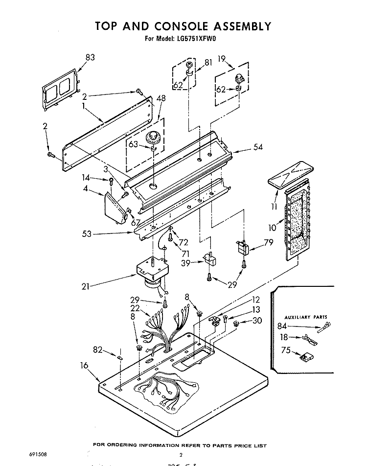 TOP AND CONSOLE, LITERATURE AND OPTIONAL Diagram and Parts List for LG5751XFW0  Whirlpool Dryer