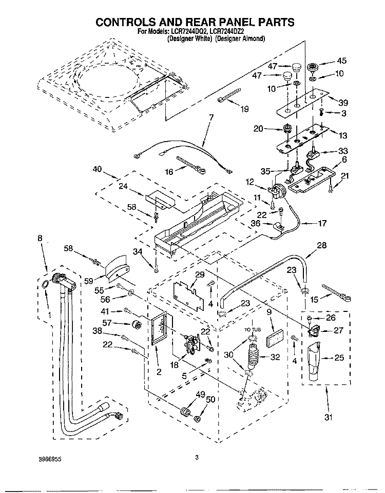 CONTROLS AND REAR PANEL Diagram and Parts List for LCR7244DQ2  Whirlpool Washer