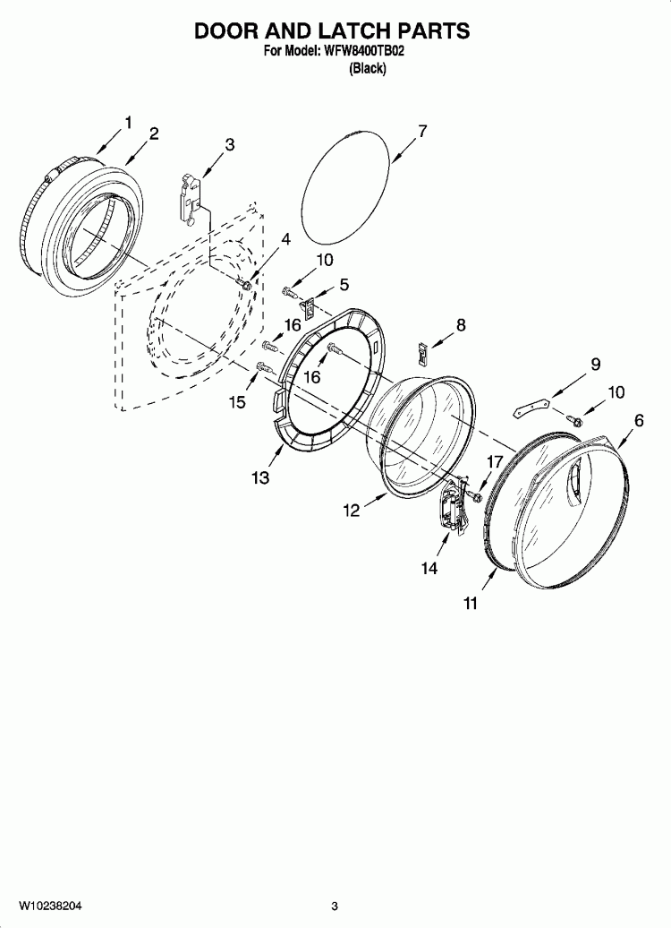 DOOR AND LATCH PARTS Diagram and Parts List for WFW8400TB02  Whirlpool Washer