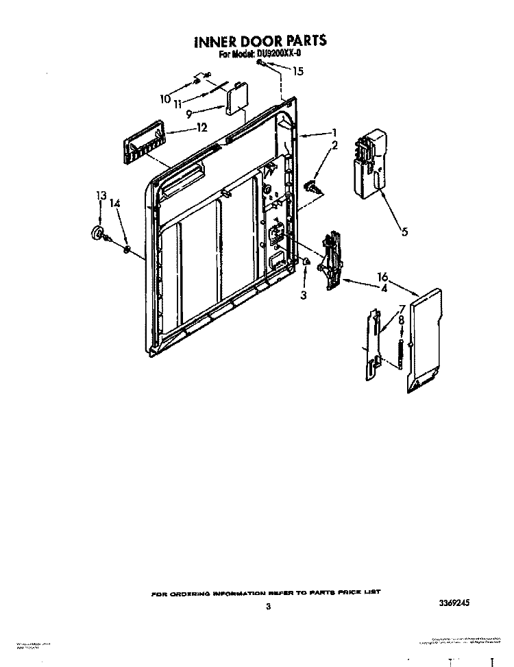 INNER DOOR Diagram and Parts List for DU9200XX0  Whirlpool Dishwasher