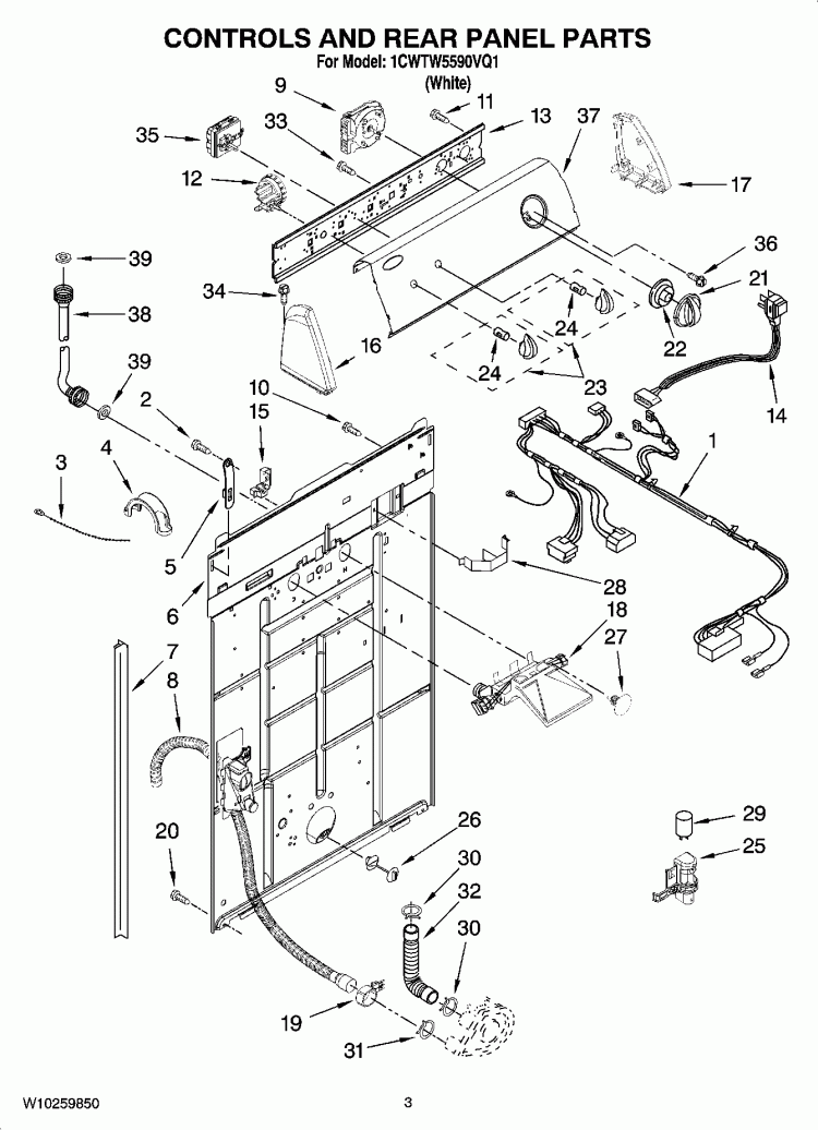 CONTROLS AND REAR PANEL PARTS Diagram and Parts List for 1CWTW5590VQ1  Whirlpool Washer