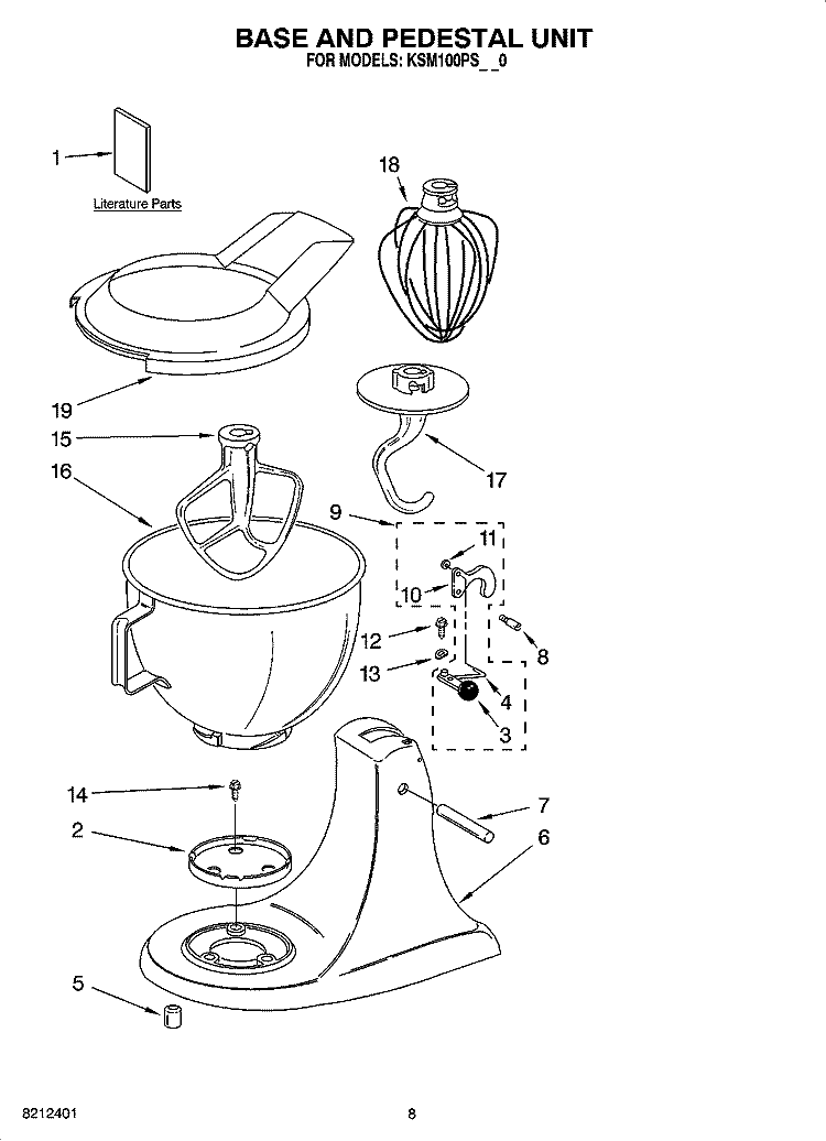 BASE AND PEDESTAL UNIT Diagram and Parts List for KSM100PSWW0  KitchenAid Mixer