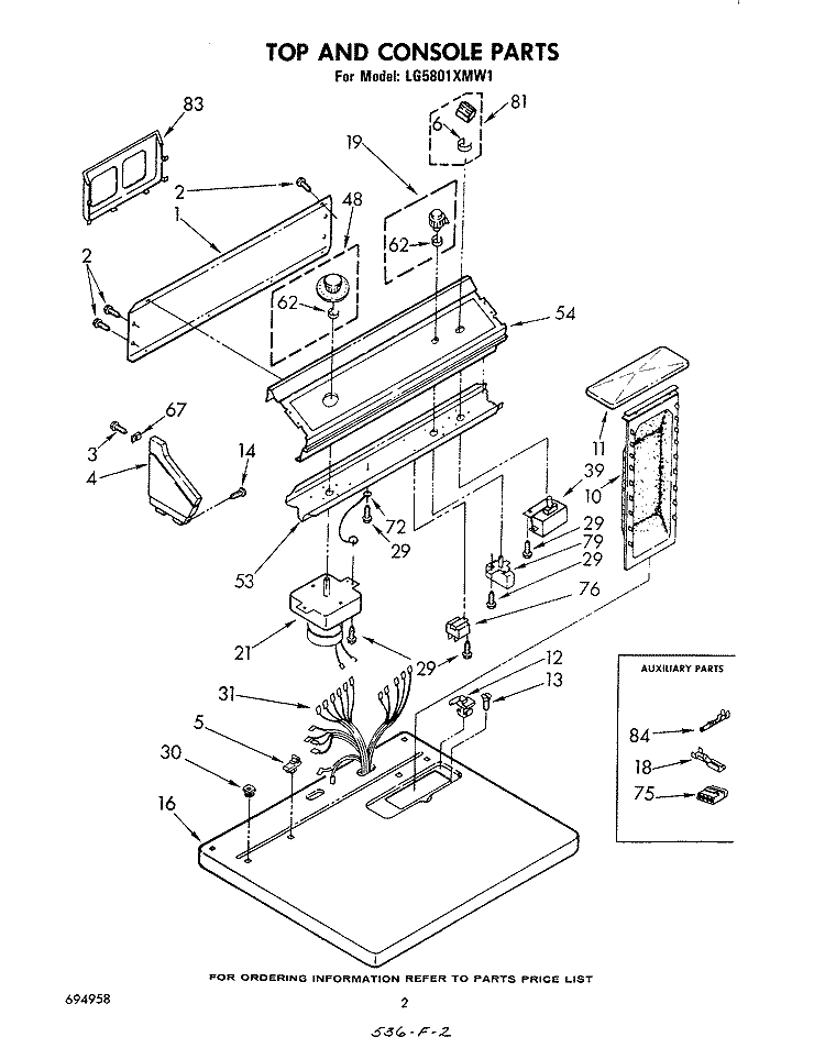 TOP AND CONSOLE , LITERATURE AND OPTIONAL Diagram and Parts List for LG5801XMW1  Whirlpool Dryer