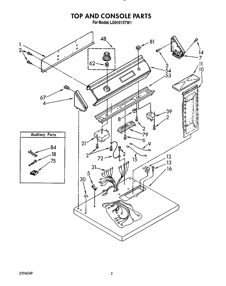 TOP AND CONSOLE, LIT/OPTIONAL Diagram and Parts List for LG9101XTW1  Whirlpool Dryer