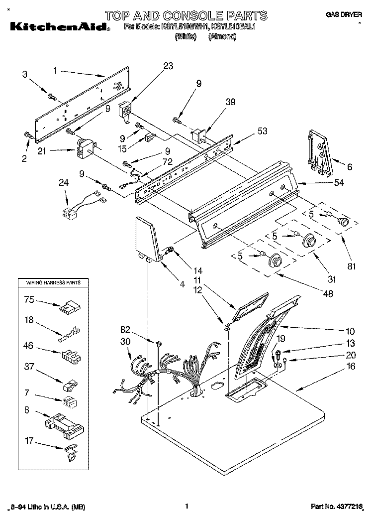 TOP AND CONSOLE, LIT/OPTIONAL Diagram and Parts List for KGYL510BWH1  KitchenAid Dryer
