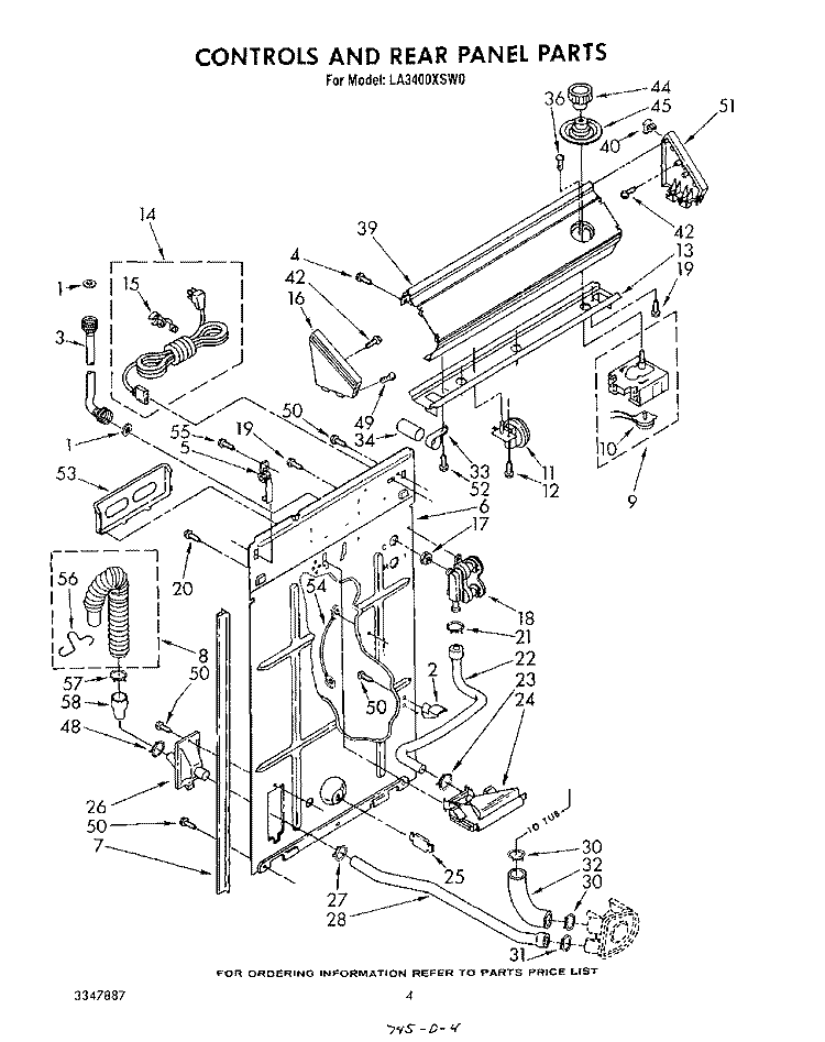 CONTROLS AND REAR PANEL Diagram and Parts List for LA3400XSW0  Whirlpool Washer