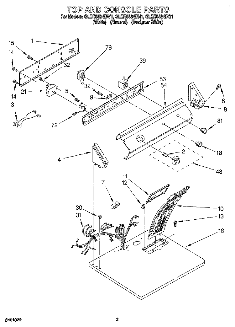 TOP AND CONSOLE, LIT/OPTIONAL Diagram and Parts List for GLER5434BN1  Whirlpool Dryer