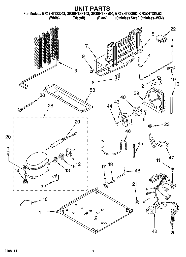 UNIT Diagram and Parts List for GR2SHTXKL02  Whirlpool Refrigerator