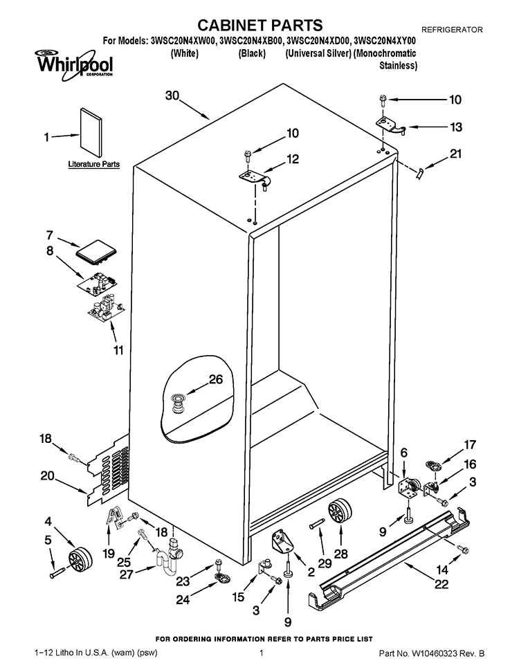 CABINET PARTS Diagram and Parts List for 3WSC20N4XB00  Whirlpool Refrigerator