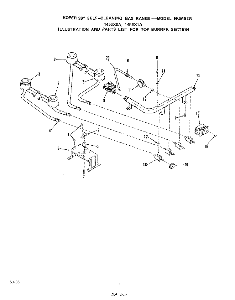 TOP BURNER Diagram and Parts List for 1456X1A  Roper Range