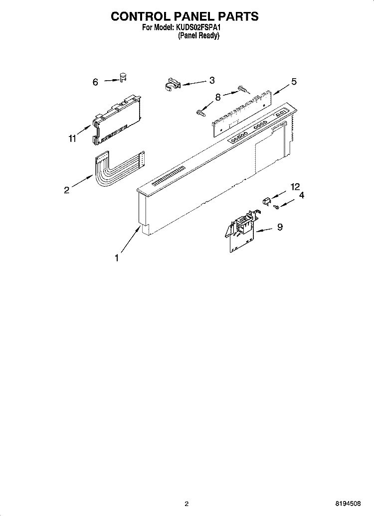 CONTROL PANEL PARTS Diagram and Parts List for KUDS02FSPA1  KitchenAid Dishwasher