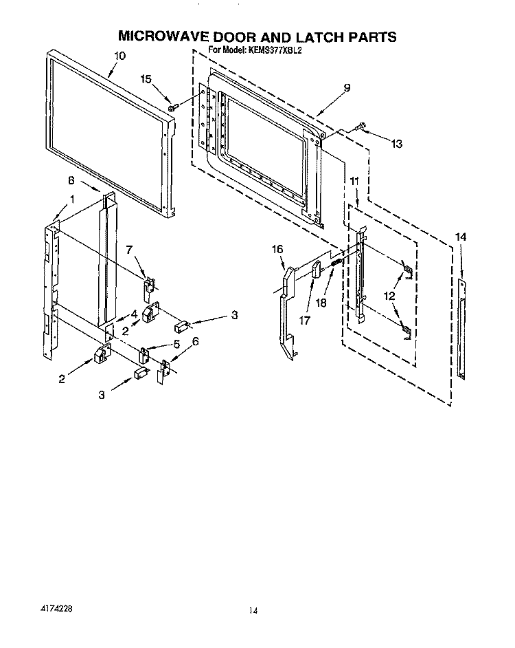MICROWAVE DOOR AND LATCH Diagram and Parts List for KEMS377XBL2  KitchenAid Microwave Oven Combo