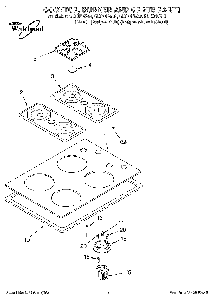 SECTION Diagram and Parts List for GLT3014GZ0  Whirlpool Cooktop
