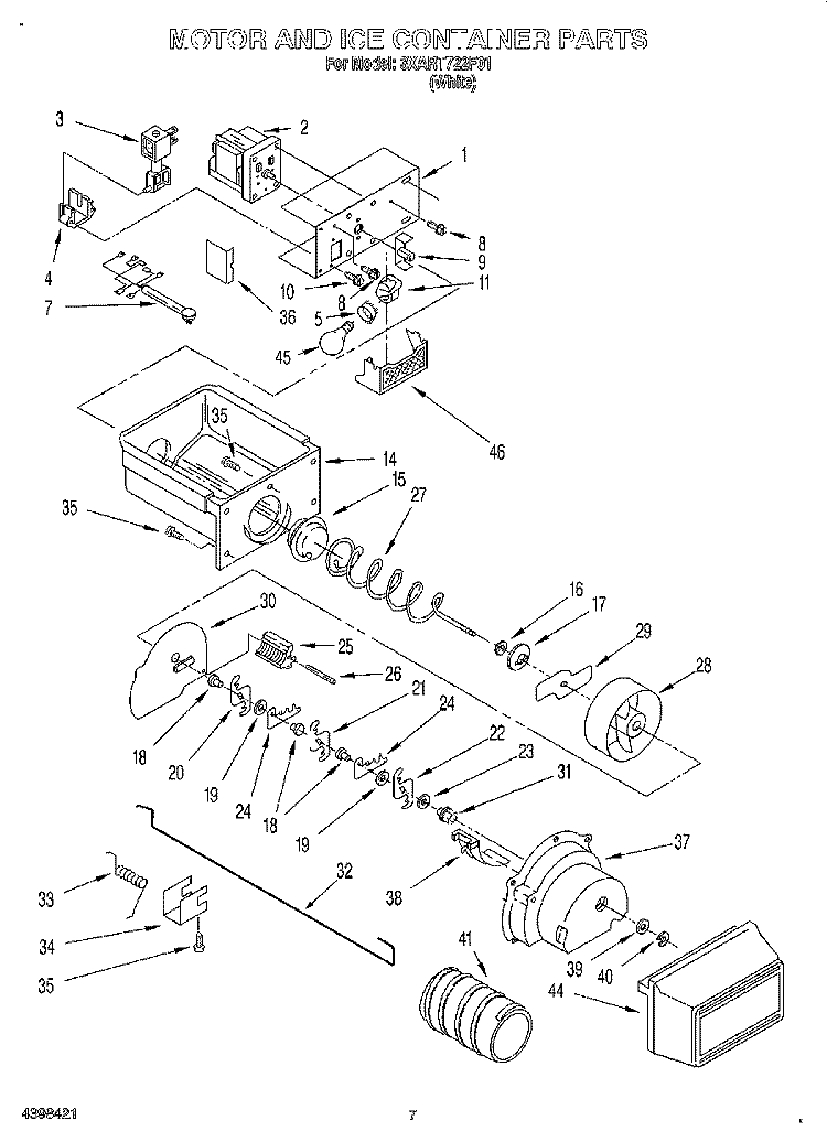 MOTOR AND ICE CONTAINER Diagram and Parts List for 3XART722F01  Whirlpool Refrigerator