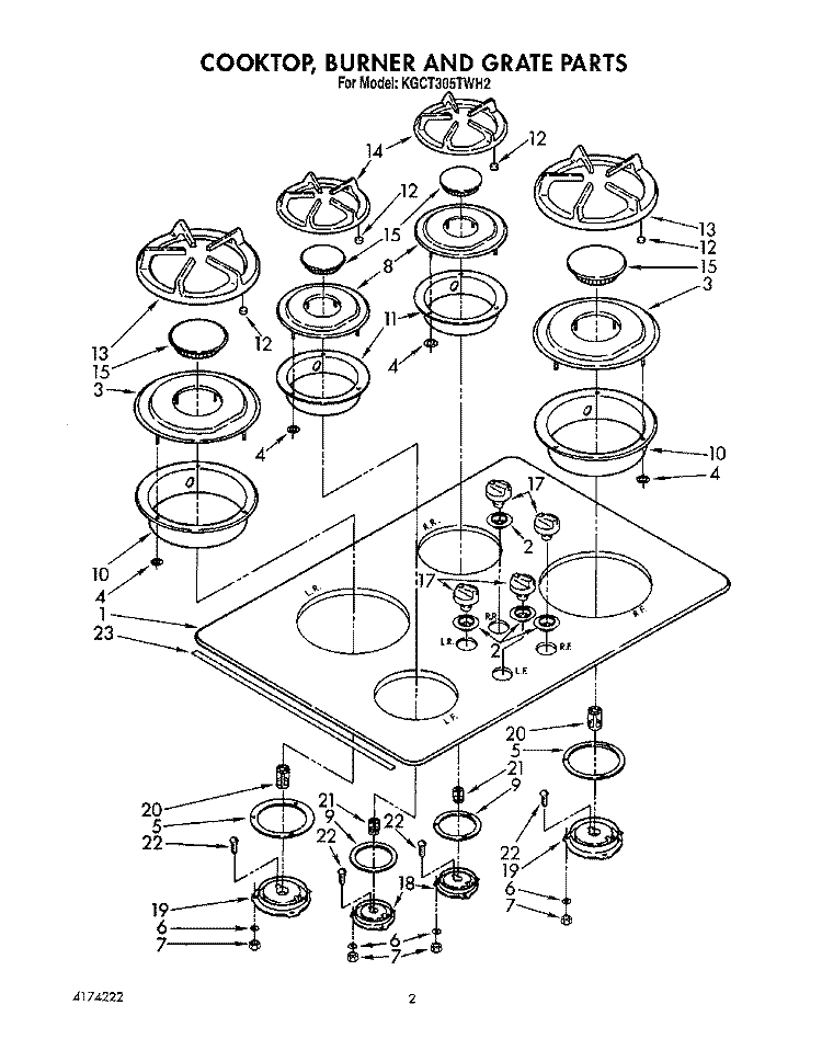 COOKTOP, BURNER AND GRATE Diagram and Parts List for KGCT305TAL2  KitchenAid Cooktop
