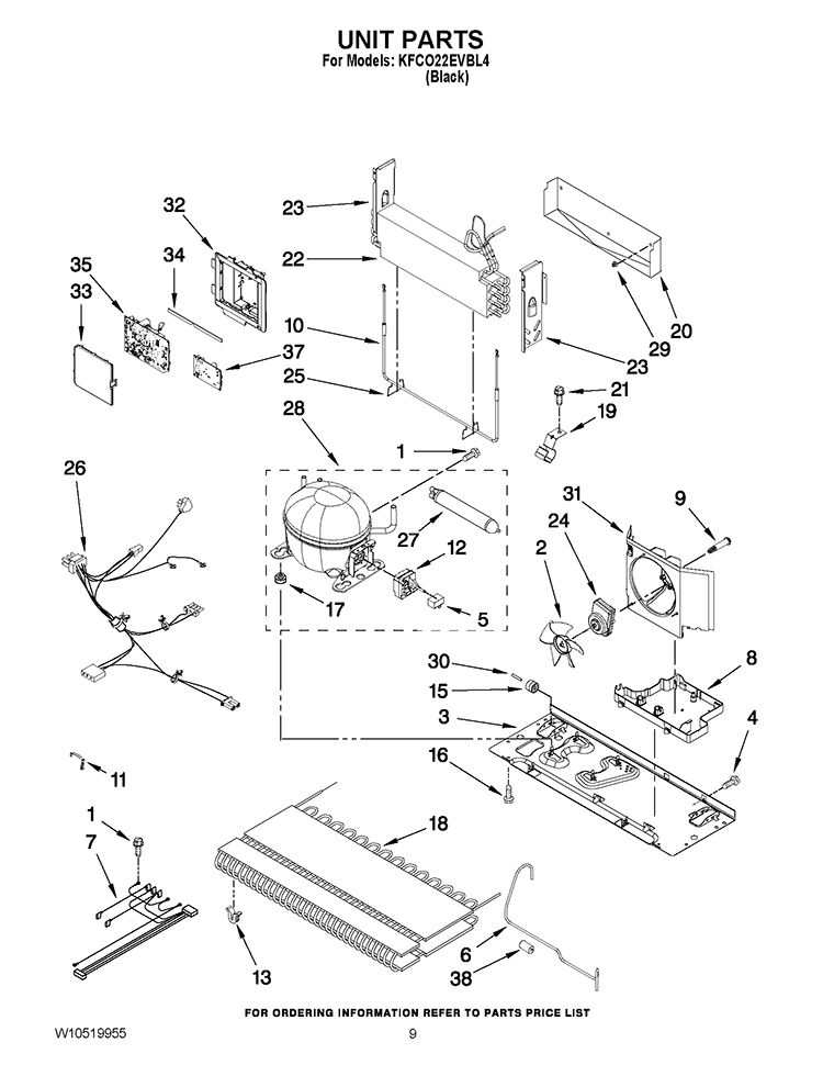 UNIT PARTS Diagram and Parts List for KFCO22EVBL4  KitchenAid Refrigerator