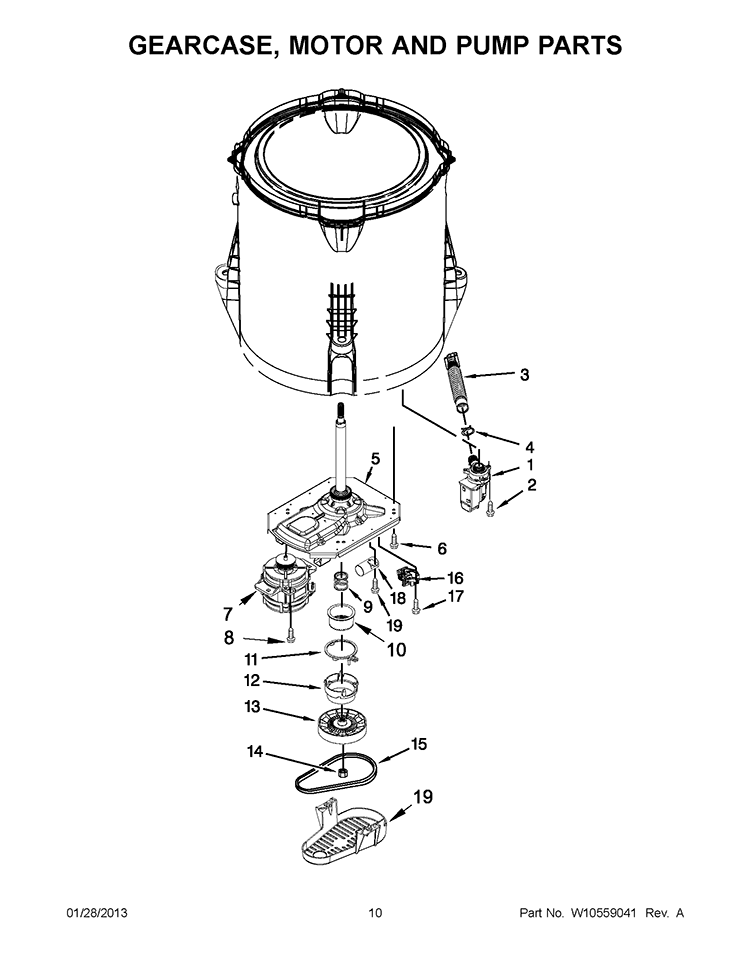 GEARCASE, MOTOR AND PUMP PARTS Diagram and Parts List for CAE2743BQ0  Whirlpool Washer