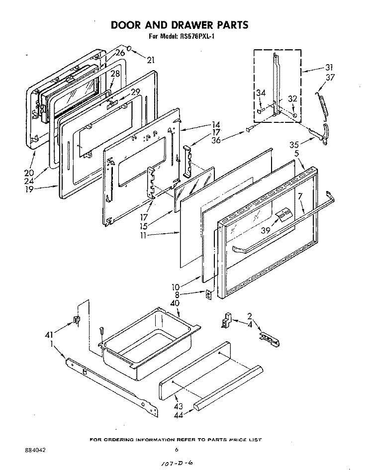 DOOR AND DRAWER Diagram and Parts List for RS576PXL1  Whirlpool Range