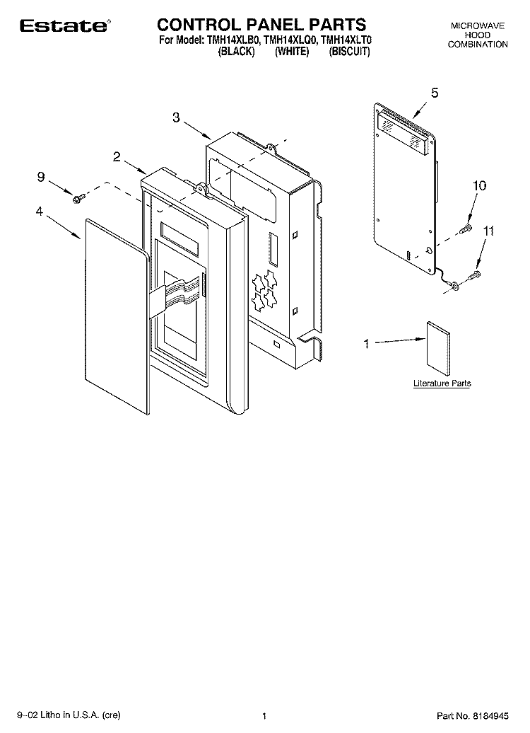 CONTROL PANEL, LITERATURE Diagram and Parts List for TMH14XLB0  Estate Microwave