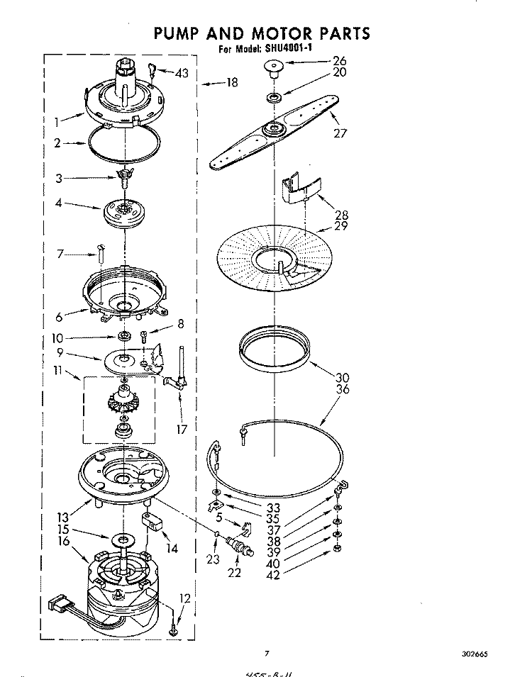PUMP AND MOTOR Diagram and Parts List for SHU40011  Whirlpool Dishwasher