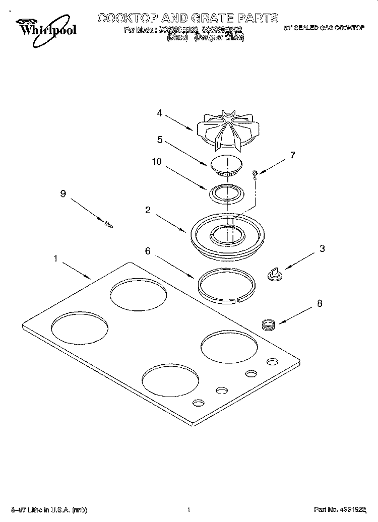 COOKTOP AND GRATE Diagram and Parts List for SC8830EBB2  Whirlpool Cooktop
