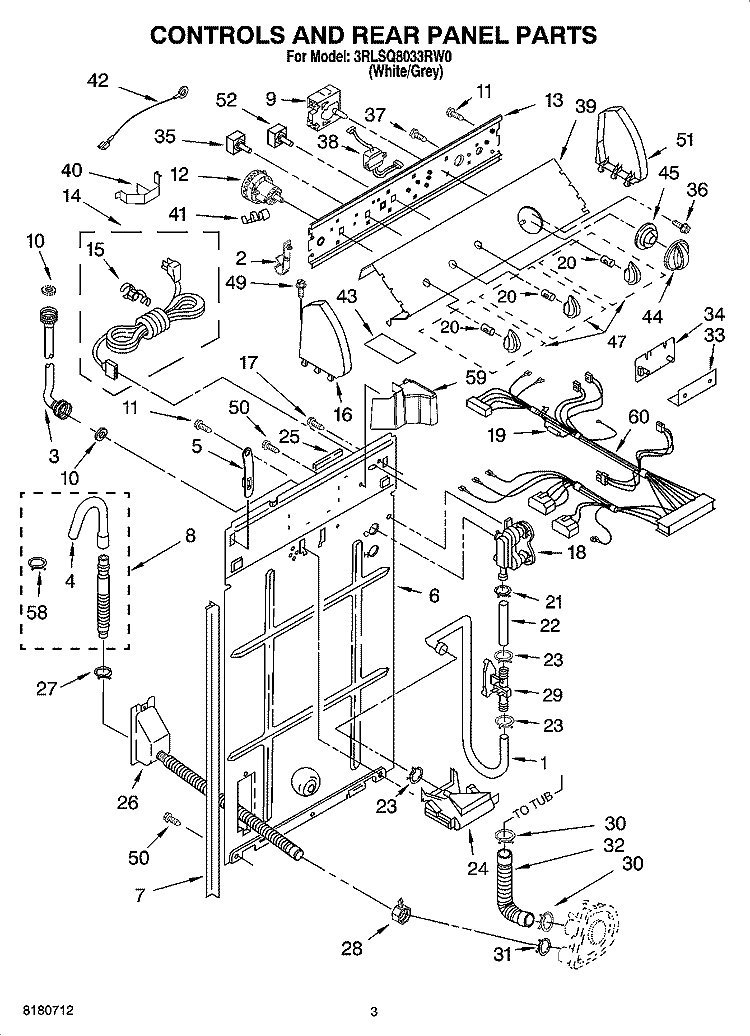 CONTROLS AND REAR PANEL PARTS Diagram and Parts List for 3RLSQ8033RW0  Whirlpool Washer