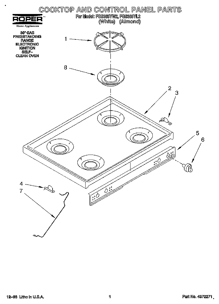 COOKTOP AND CONTROL PANEL Diagram and Parts List for FGS385YW2  Roper Range