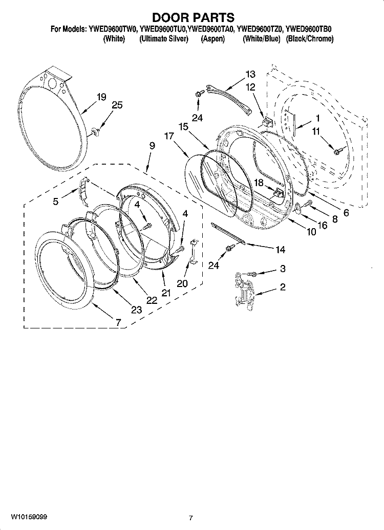 DOOR PARTS, OPTIONAL PARTS (NOT INCLUDED) Diagram and Parts List for YWED9600TA0  Whirlpool Dryer