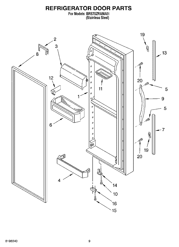 REFRIGERATOR DOOR PARTS Diagram and Parts List for BRS70ZRANA01  Whirlpool Refrigerator