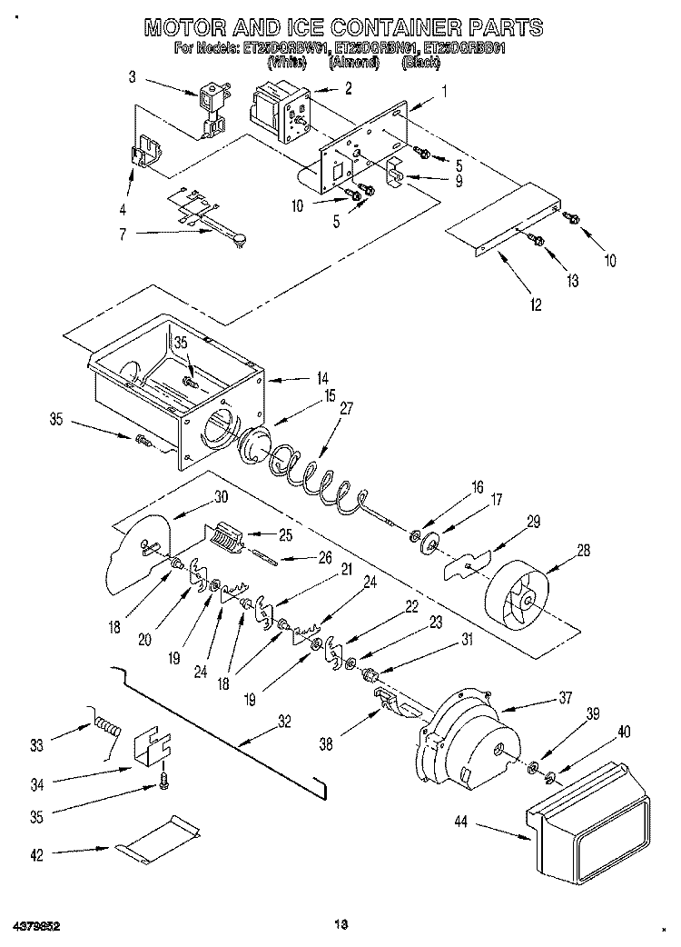 MOTOR AND ICE CONTAINER Diagram and Parts List for ET25DQRBN01  Whirlpool Refrigerator