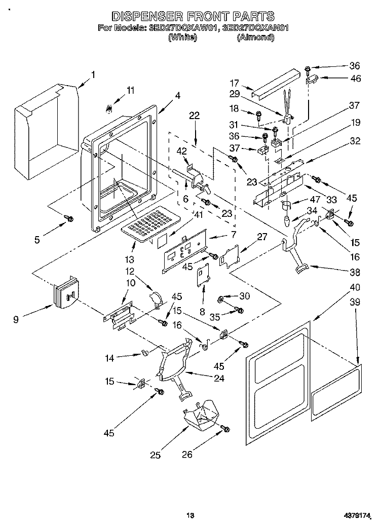 DISPENSER FRONT Diagram and Parts List for 3ED27DQXAW01  Whirlpool Refrigerator