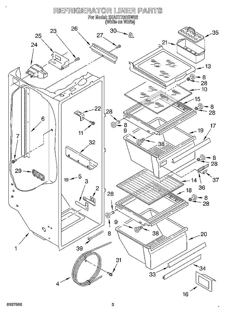 REFRIGERATOR LINER Diagram and Parts List for 3XART730GW02  Whirlpool Refrigerator