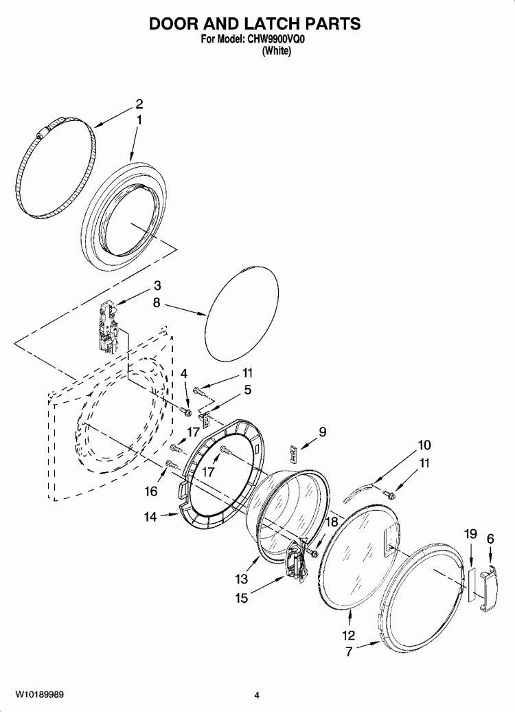 DOOR AND LATCH PARTS Diagram and Parts List for CHW9900VQ0  Whirlpool Washer