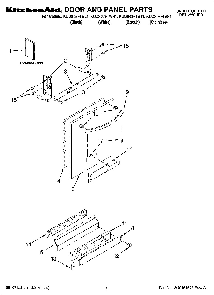DOOR AND PANEL PARTS Diagram and Parts List for KUDS03FTWH1  KitchenAid Dishwasher