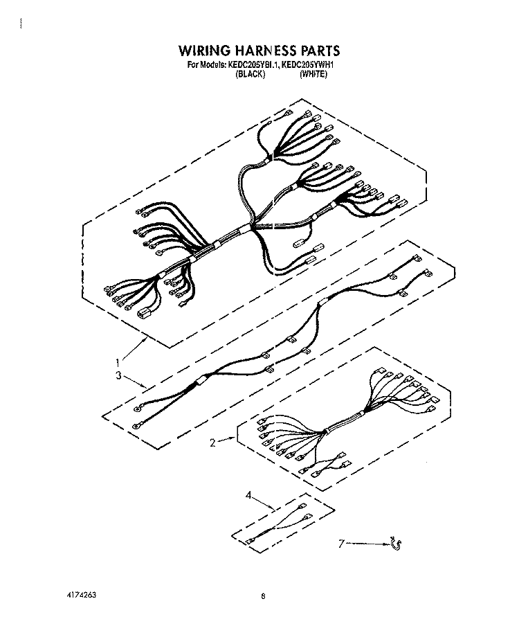 WIRING HARNESS Diagram and Parts List for KEDC205YWH1  KitchenAid Range