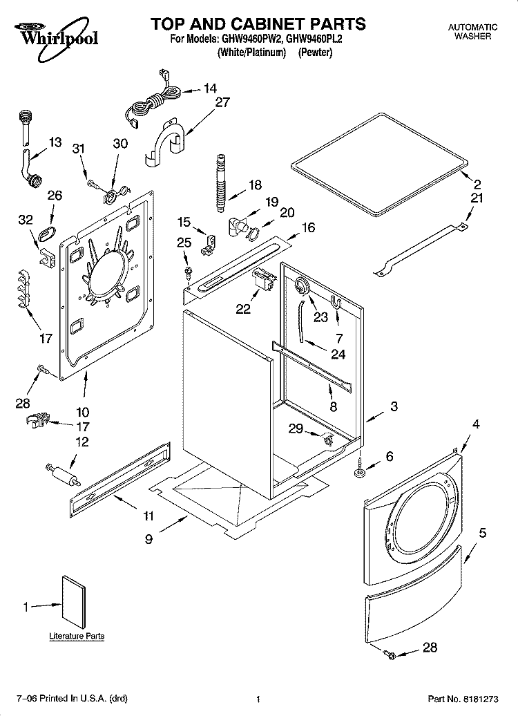 TOP AND CABINET PARTS Diagram and Parts List for GHW9460PL2  Whirlpool Washer