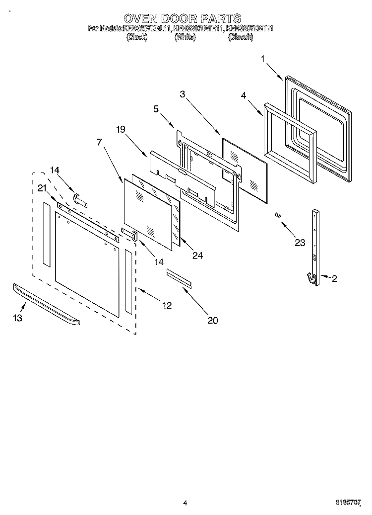 OVEN DOOR Diagram and Parts List for KEBS207DBL11  KitchenAid Wall Oven