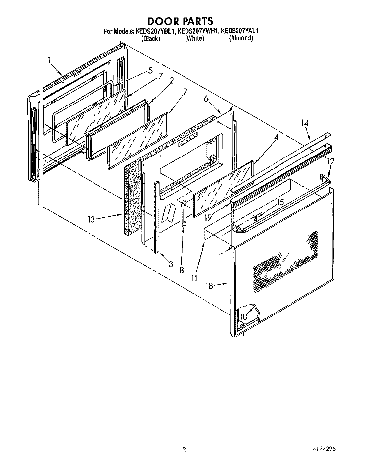 DOOR Diagram and Parts List for KEDS207YAL1  KitchenAid Range