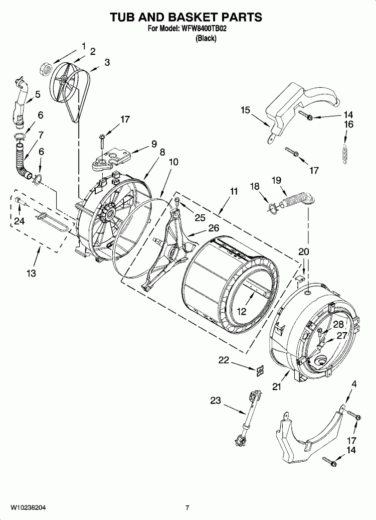 TUB AND BASKET PARTS, OPTIONAL PARTS (NOT INCLUDED) Diagram and Parts List for WFW8400TB02  Whirlpool Washer