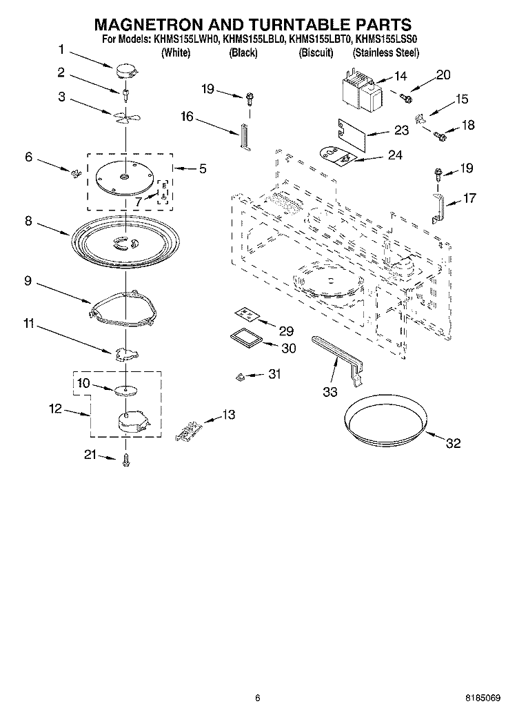 MAGNETRON AND TURNTABLE Diagram and Parts List for KHMS155LBT0  KitchenAid Microwave