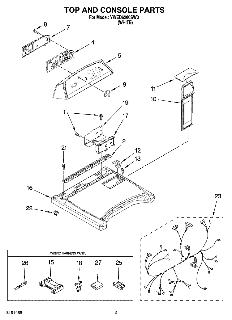 TOP AND CONSOLE PARTS Diagram and Parts List for YWED6200SW0  Whirlpool Dryer