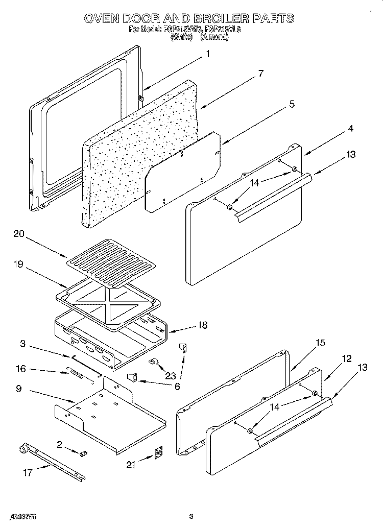 OVEN DOOR AND BROILER Diagram and Parts List for FGP215VL6  Roper Range