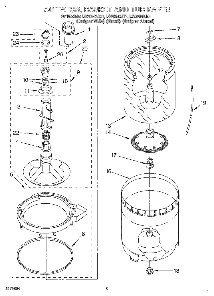 AGITATOR, BASKET AND TUB Diagram and Parts List for LSQ8543JT1  Whirlpool Washer