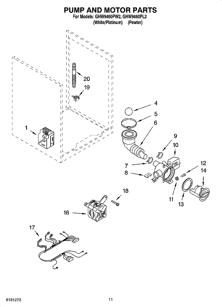 PUMP AND MOTOR PARTS, OPTIONAL PARTS (NOT INCLUDED) Diagram and Parts List for GHW9460PL2  Whirlpool Washer