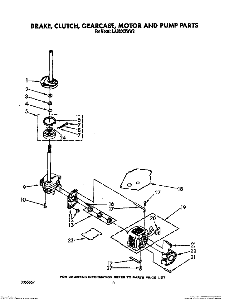 BRAKE, CLUTCH, GEARCASE, MOTOR AND PUMP Diagram and Parts List for LA8580XWF2  Whirlpool Washer