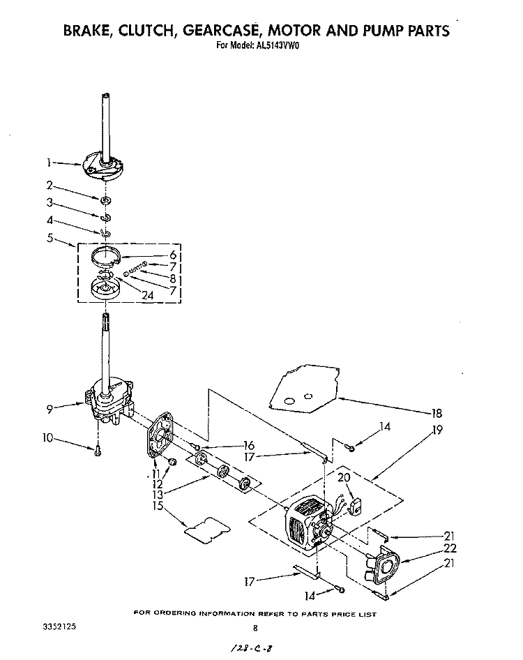 BRAKE, CLUTCH, GEARCASE, MOTOR AND PUMP Diagram and Parts List for AL5143VG0  Whirlpool Washer