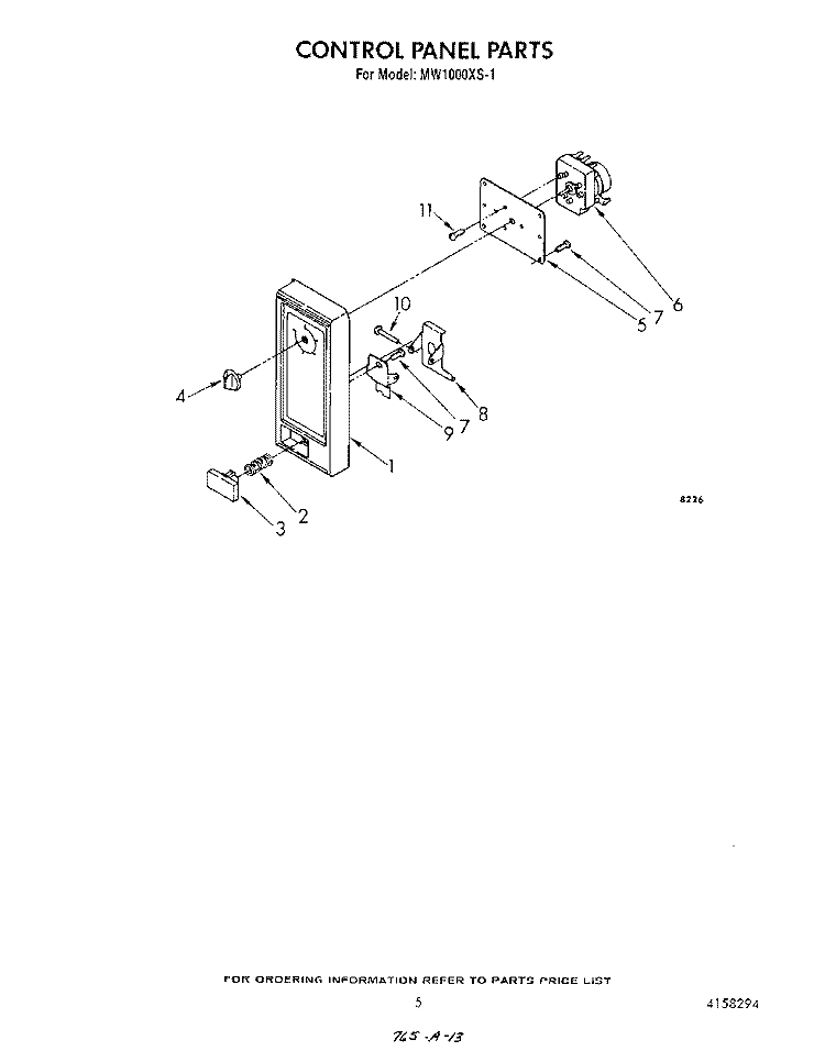 CONTROL PANEL Diagram and Parts List for MW1000XS1  Whirlpool Microwave
