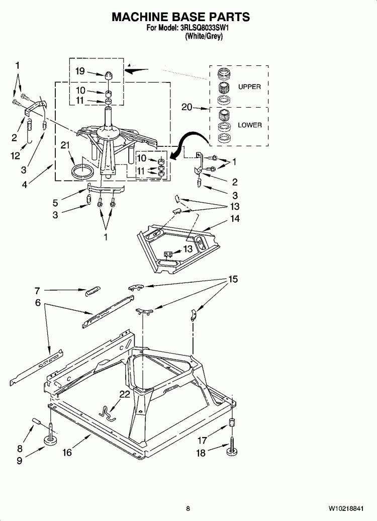 MACHINE BASE PARTS Diagram and Parts List for 3RLSQ8033SW1  Whirlpool Washer
