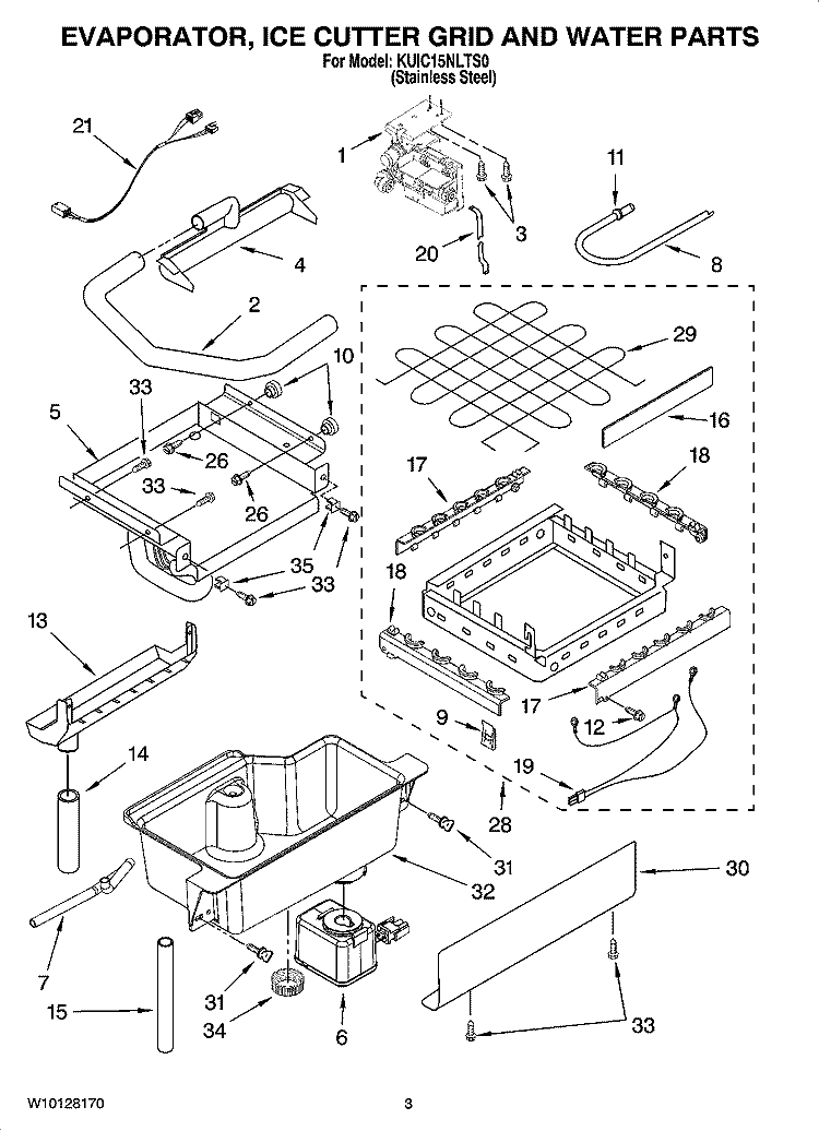EVAPORATOR, ICE CUTTER GRID AND WATER PARTS Diagram and Parts List for KUIC15NLTS0  KitchenAid Ice Maker
