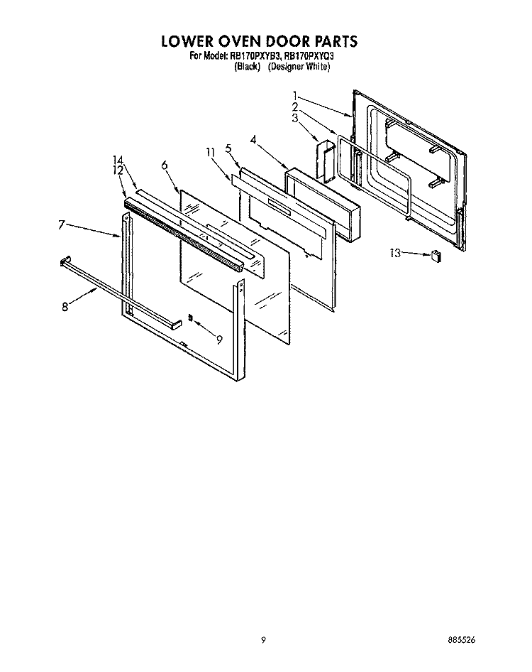 LOWER OVEN DOOR Diagram and Parts List for RB170PXYQ3  Whirlpool Wall Oven